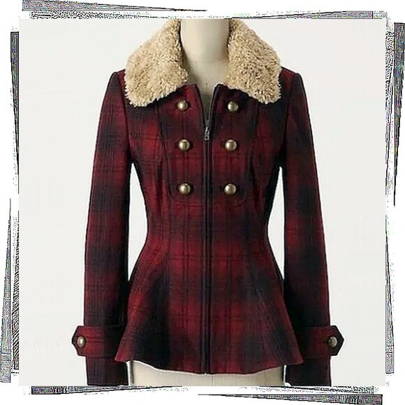 Classic Red & Black Plaid Wool Blend Peplum Waist Military Jacket (2) Elevensees - Picture 1 of 4